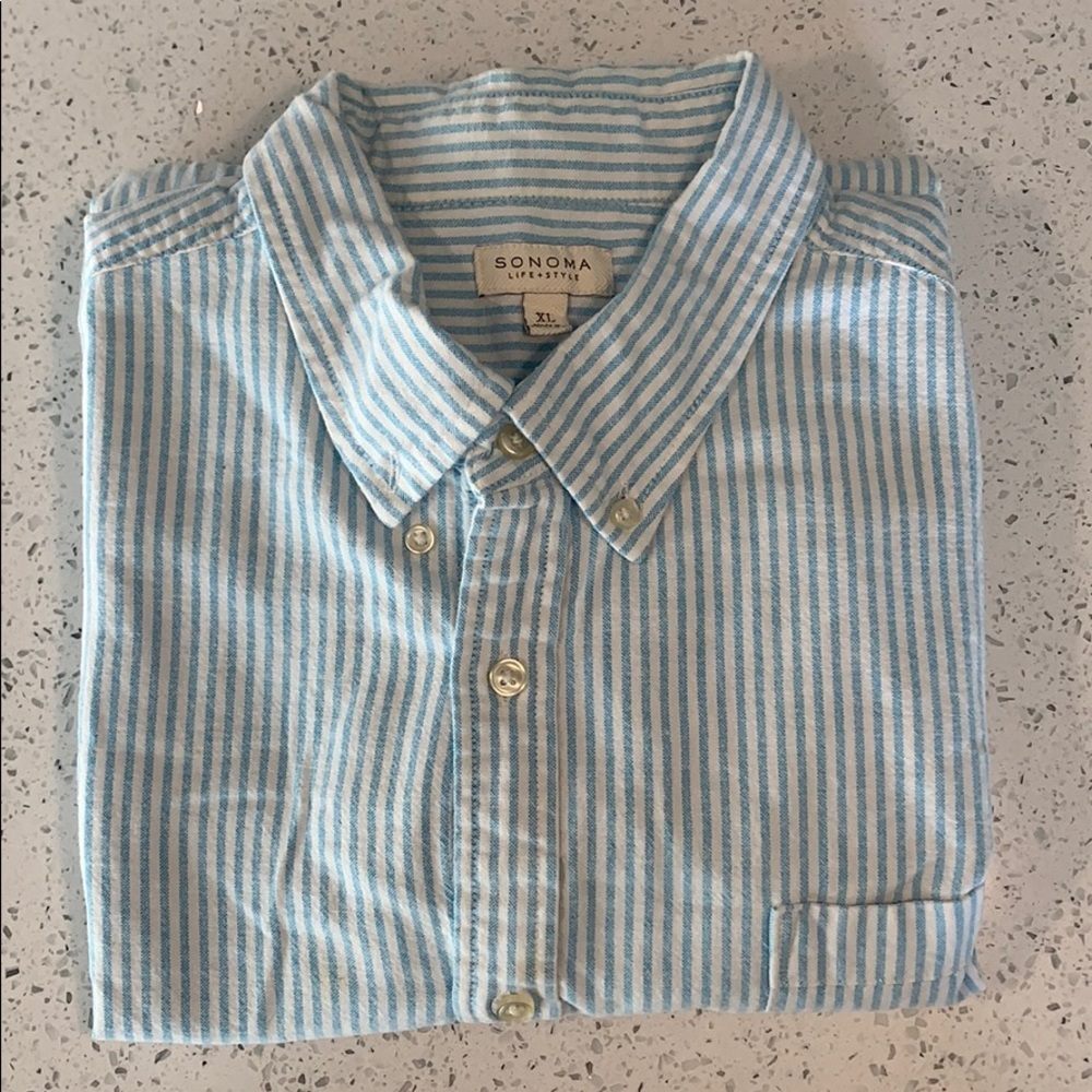 Blue and White Striped Flannel Button Up
